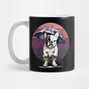 Cute french bulldog under the rain with umbrella, vintage style, frenchie mon, frenchie dad, frenchie on vintage sun Mug